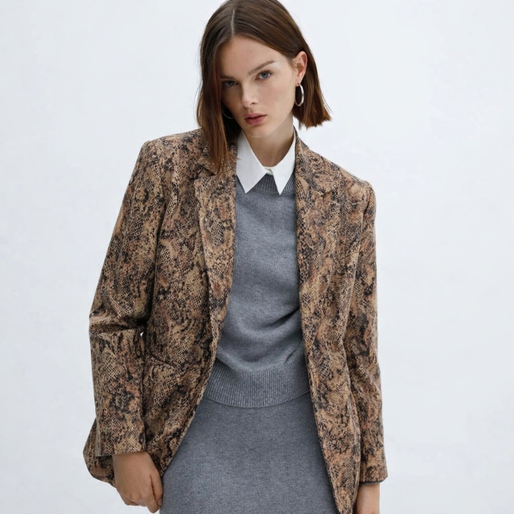 Allison Daley Petite 14P Snakeskin Textured Lined Golden Tan Open Front Blazer